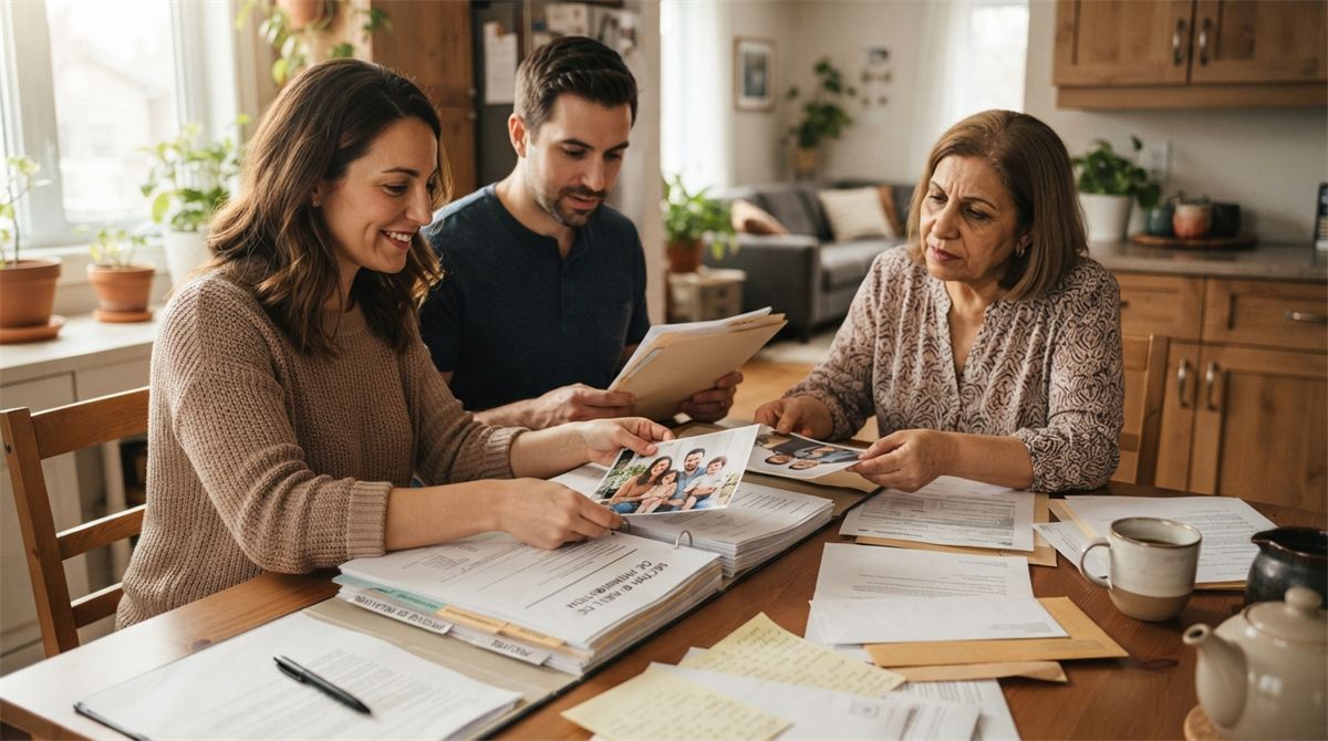 Une famille rassemble des photos et des documents autour d’une table (illustration)