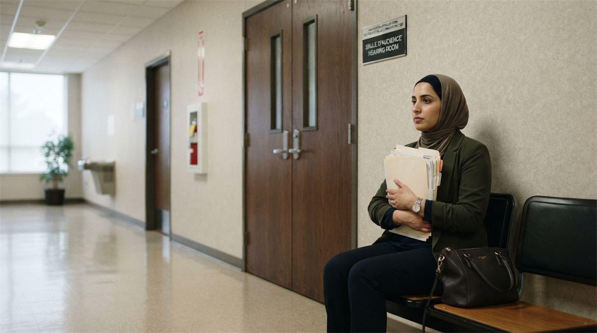 Une femme attend devant une salle d’audience, un dossier contre elle (illustration)
