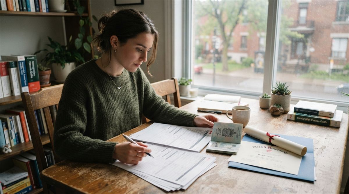 Un nouveau diplômé examine des formulaires de permis de travail dans un appartement de Montréal (illustration)