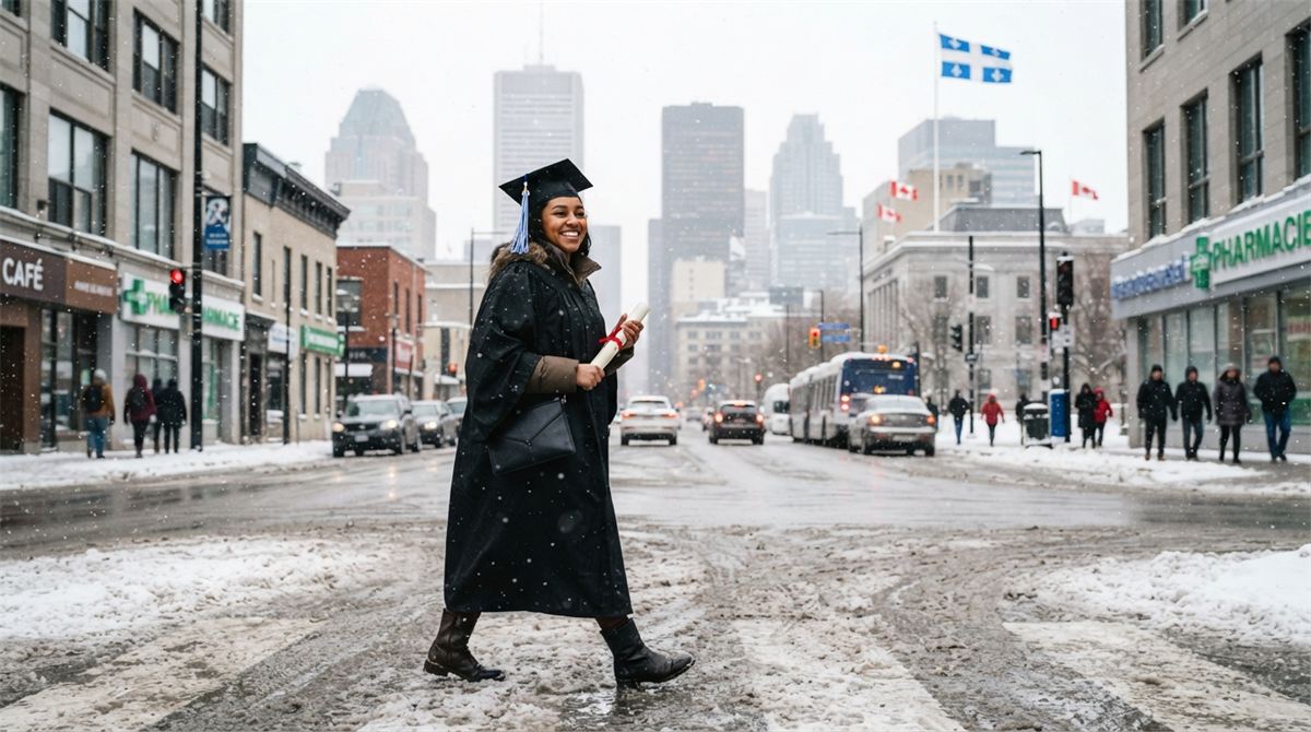 Un diplômé en toge traverse une rue enneigée de Montréal (illustration)
