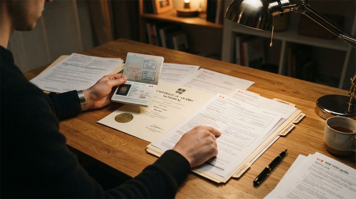 Des mains comparent un passeport, un diplôme et des formulaires sur un bureau (illustration)