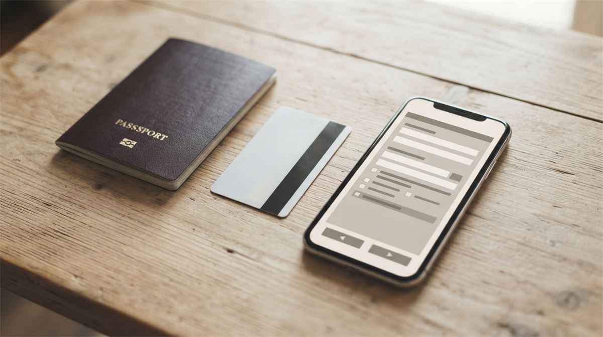 Un passeport, une carte de paiement et un téléphone sur une table en bois (illustration)