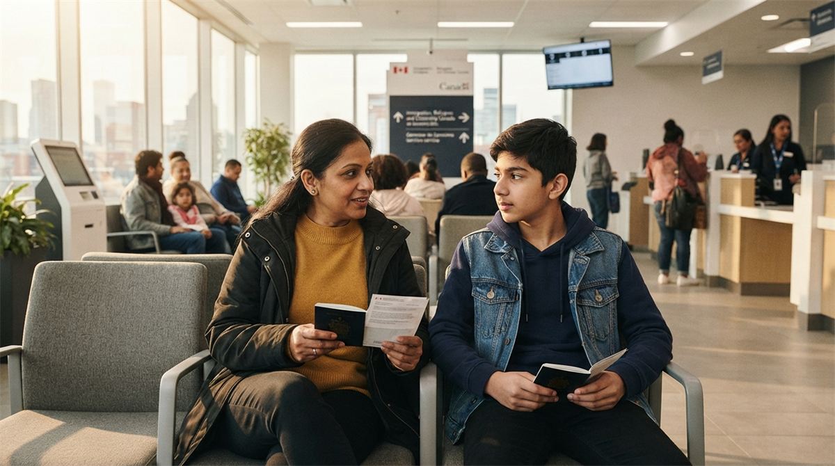 Un parent et un adolescent attendent avec leurs passeports dans un centre de service (illustration)