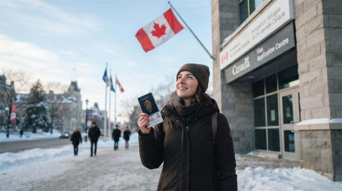 Un voyageur tient son passeport devant un centre de réception des demandes (illustration)