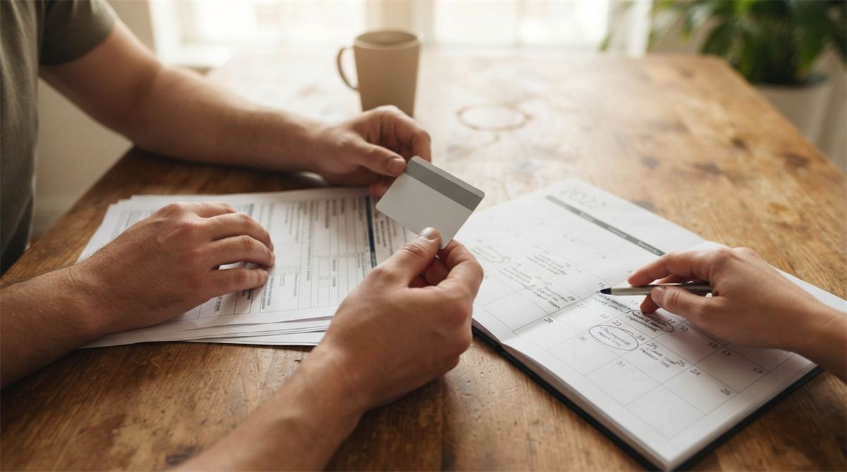 Hands comparing a work permit card with permanent residence papers beside a marked calendar (illustration)