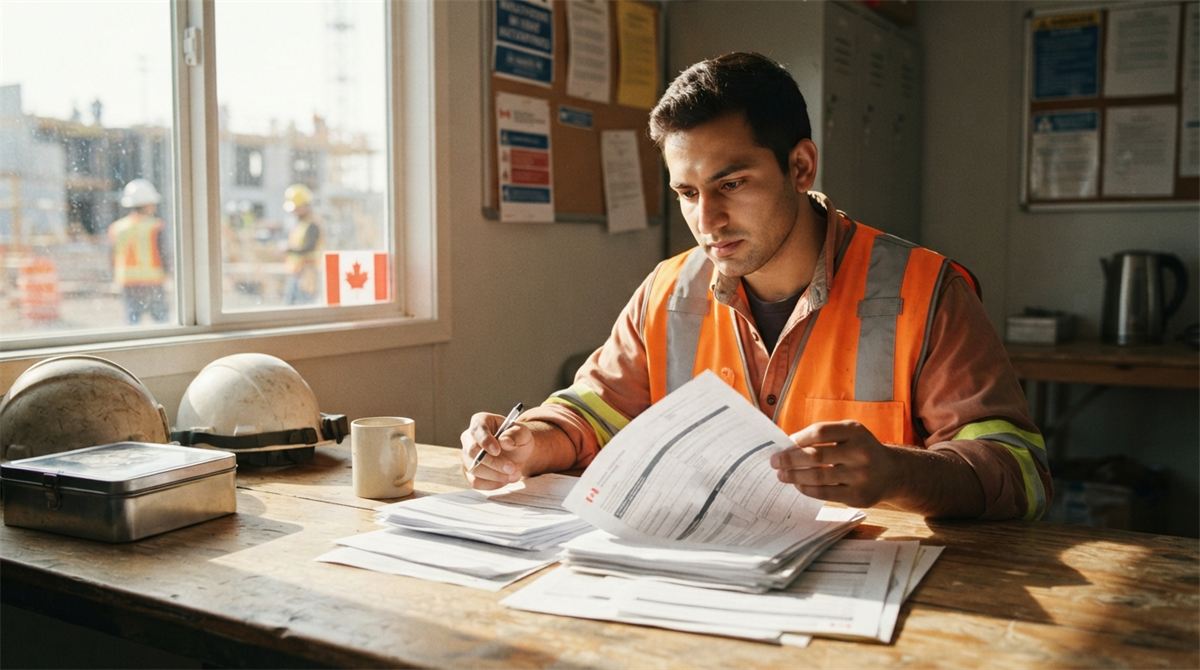 A newcomer in a reflective vest reviews immigration paperwork in a break room (illustration)