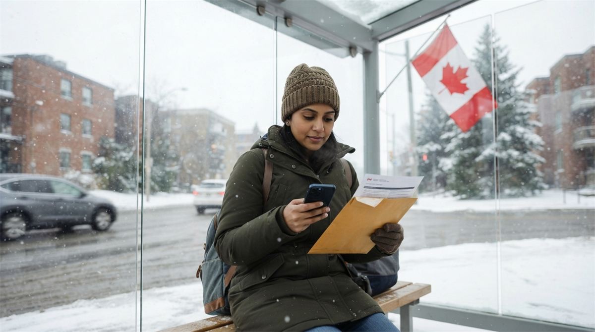A woman checks a work permit envelope and checklist at a snowy bus shelter (illustration)