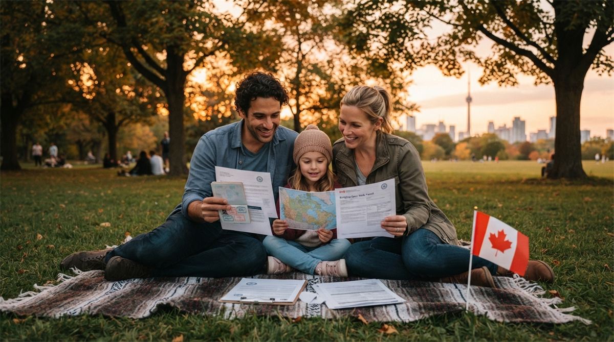 A family sorts papers and passports on a blanket in a park (illustration)