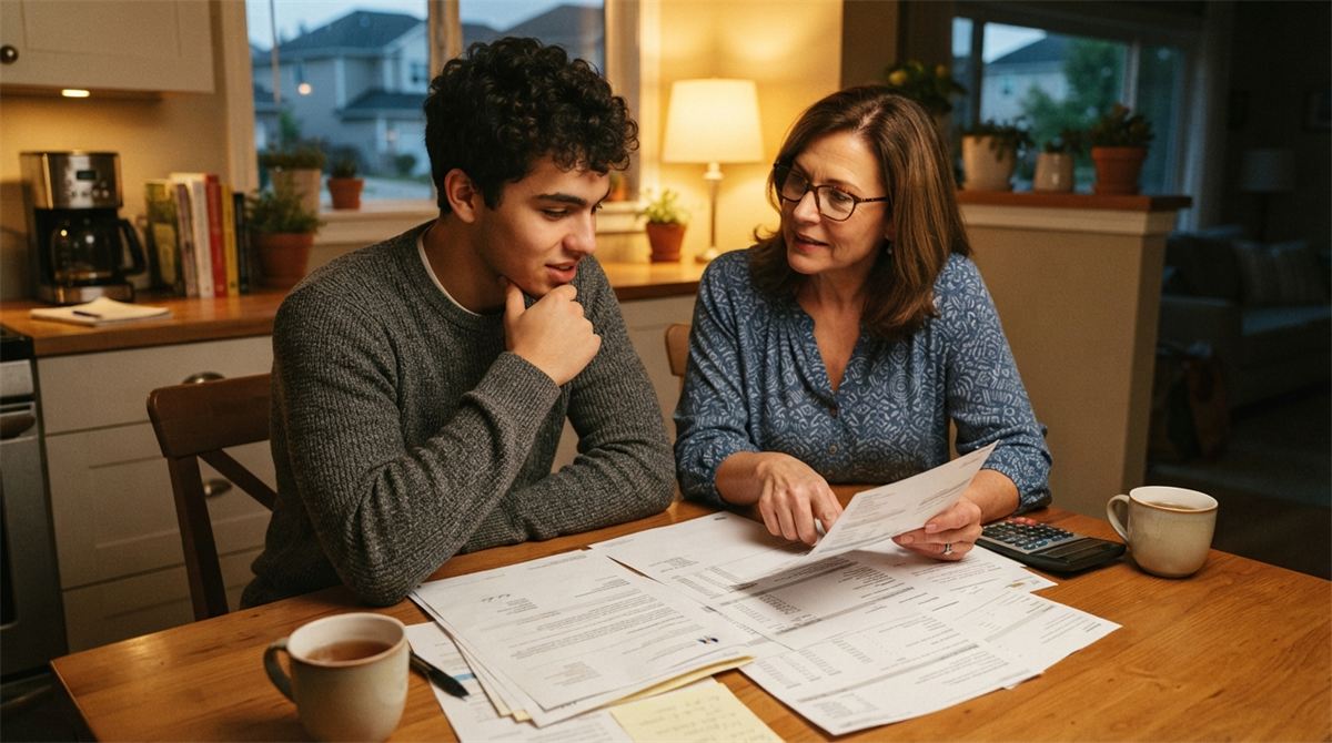 A student and a parent review tuition and savings documents at a kitchen table (illustration)
