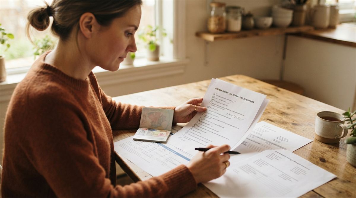 A traveller sorts a passport, flight itinerary and visitor visa checklist on a kitchen table (illustration)