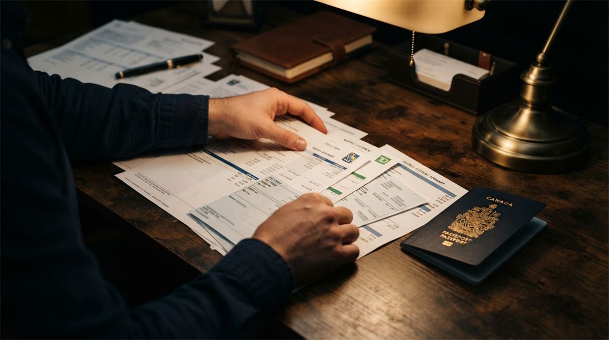 Hands arranging bank statements, pay slips and a savings summary beside a passport (illustration)