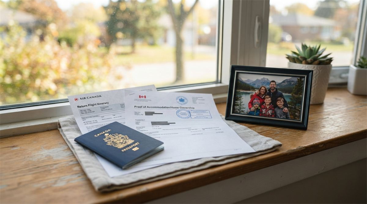 A family photo, home ownership papers and a return itinerary beside a closed passport (illustration)