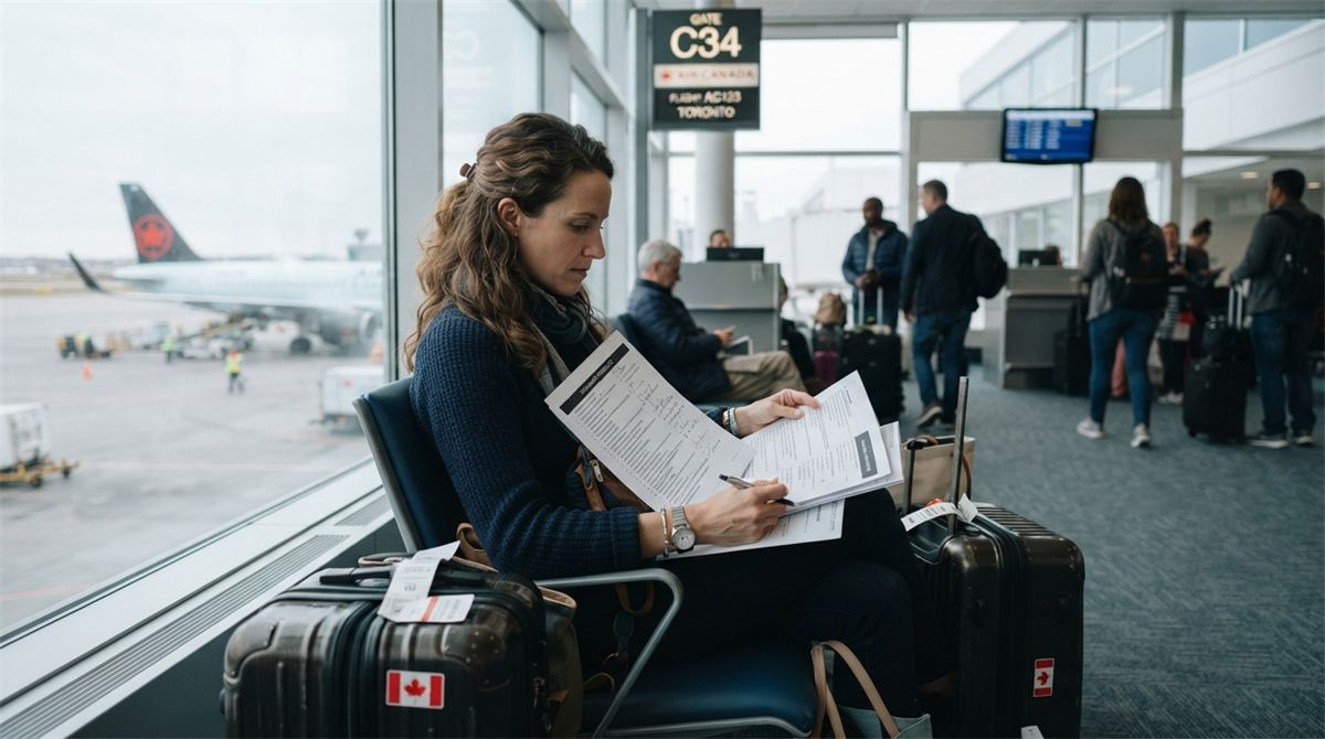 A traveller reviews an itinerary and document checklist beside a packed suitcase at an airport gate (illustration)