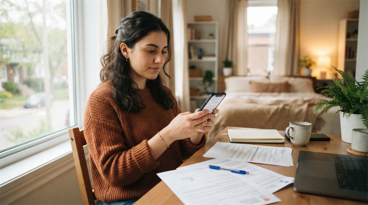 A student checking her phone at a table, papers spread in front of her (illustration)