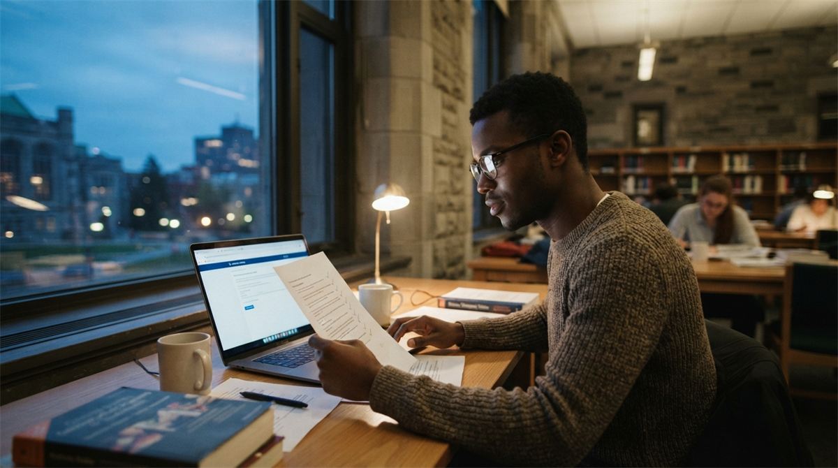 A student rereading a document in the library in the evening, his laptop open (illustration)