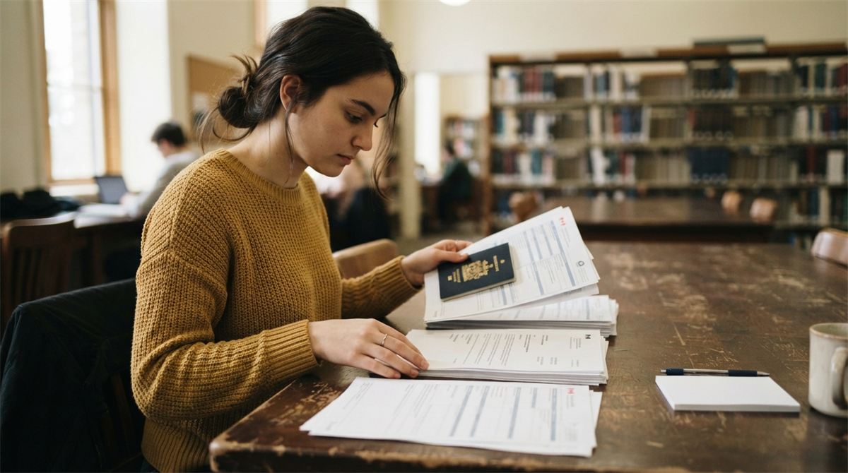Une étudiante trie passeport, lettre d’admission et formulaires sur une table de bibliothèque (illustration)