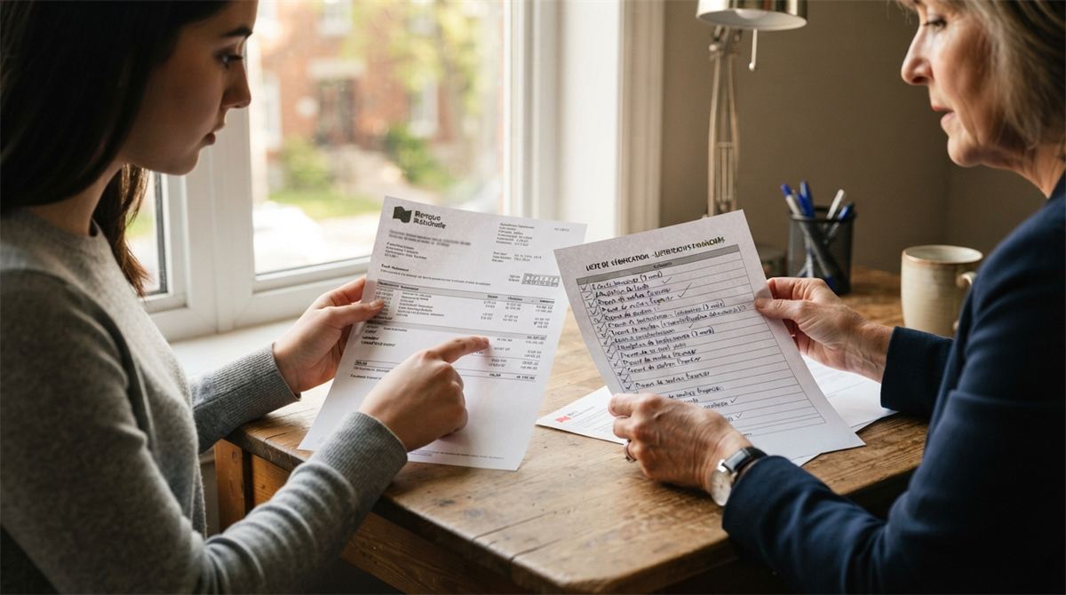 Des mains comparent un relevé bancaire et une liste de justificatifs financiers (illustration)