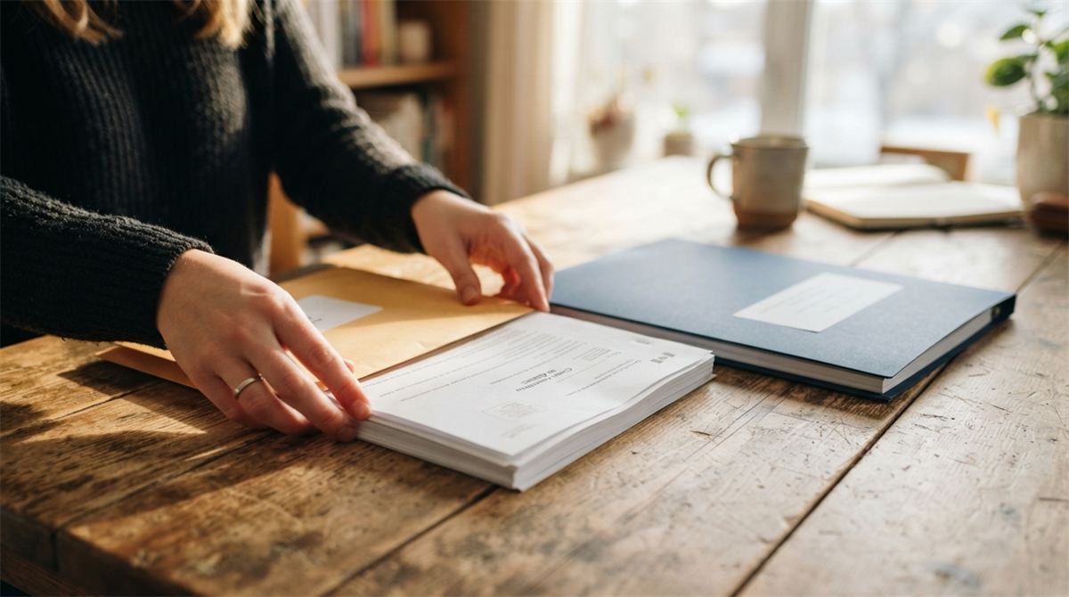 Hands place a CAQ document before a study permit folder on a wooden table (illustration)