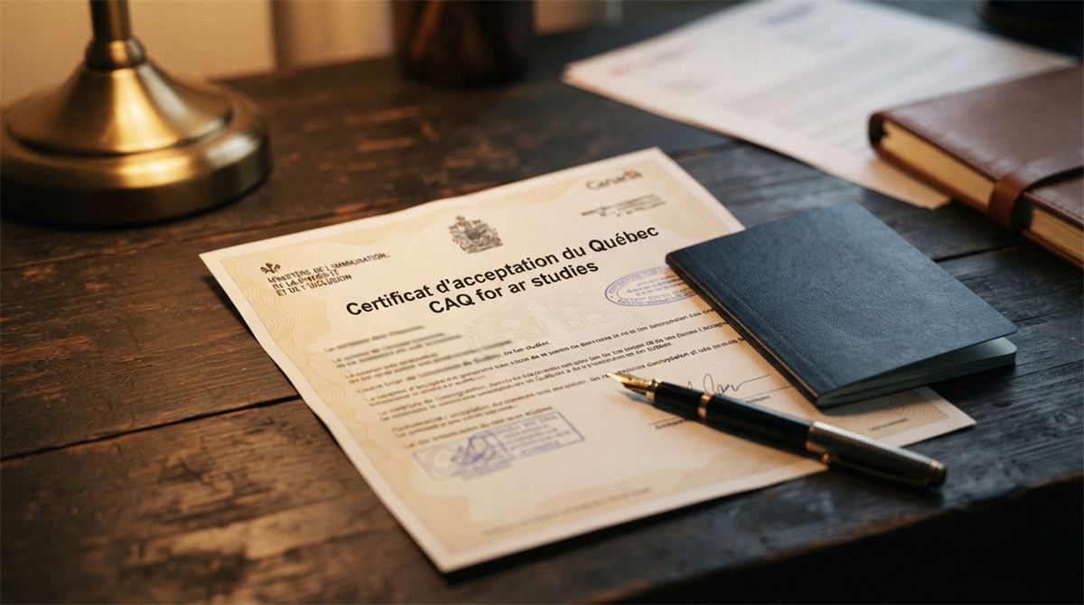 A certificate beside a passport and pen under a desk lamp (illustration)