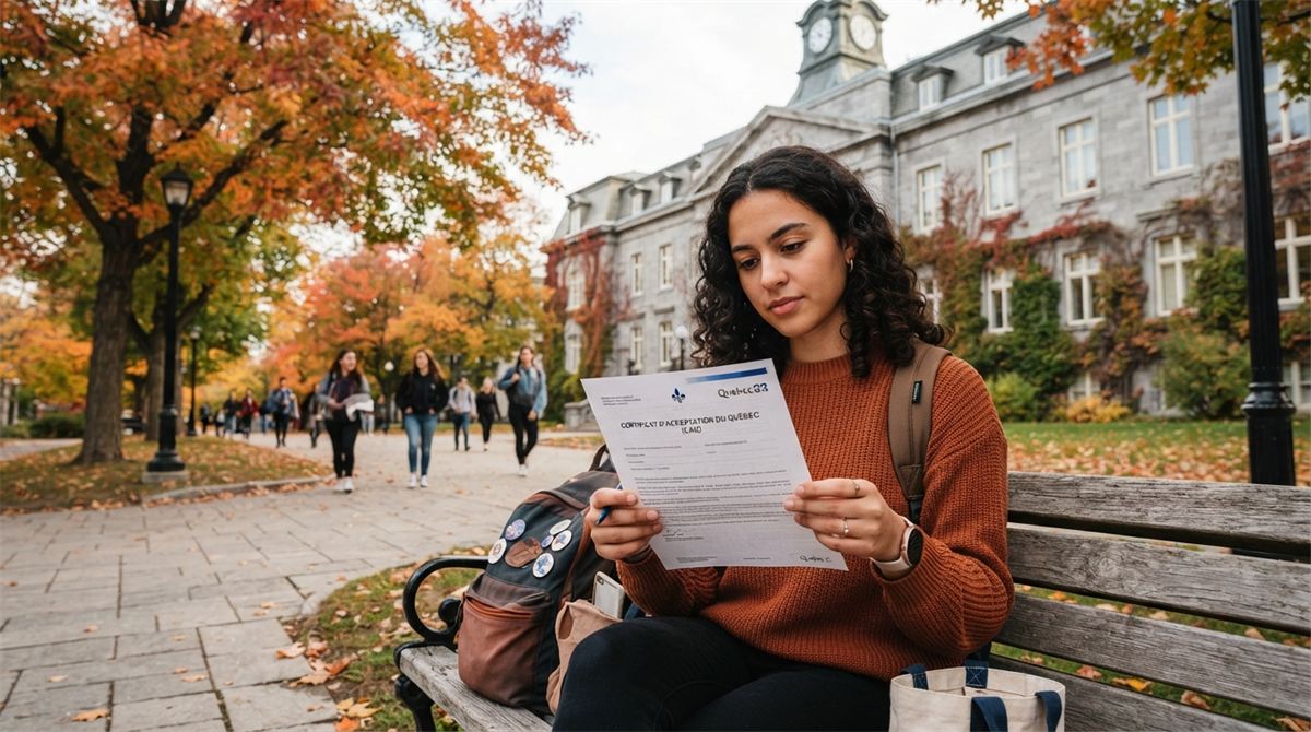 A student reviews a CAQ letter on a bench outside a Quebec campus (illustration)