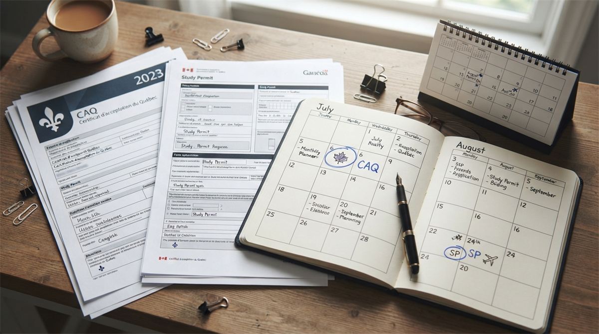 A paper calendar with the CAQ approval dated before the study permit application (illustration)