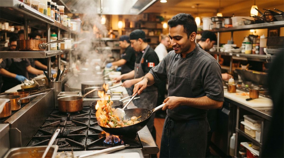 Un cuisinier prépare un plat dans la cuisine d’un restaurant (illustration)