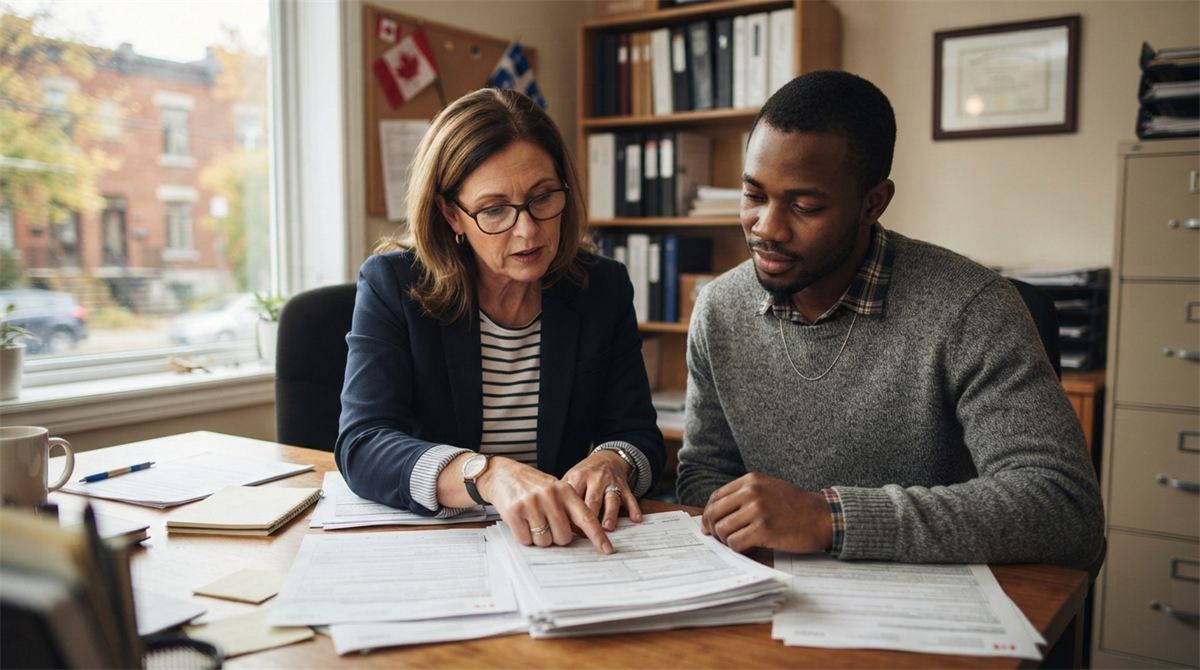 An employer and a worker go through paperwork side by side in a small office (illustration)