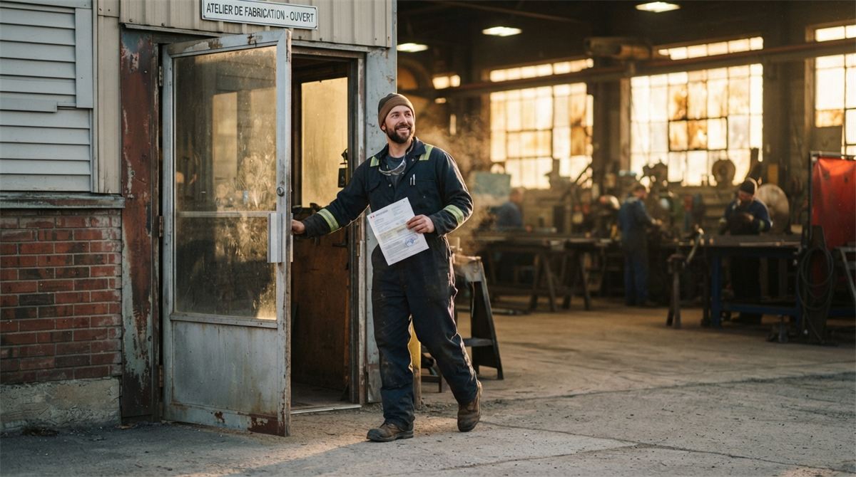 A worker steps out of a workshop at the end of the day (illustration)