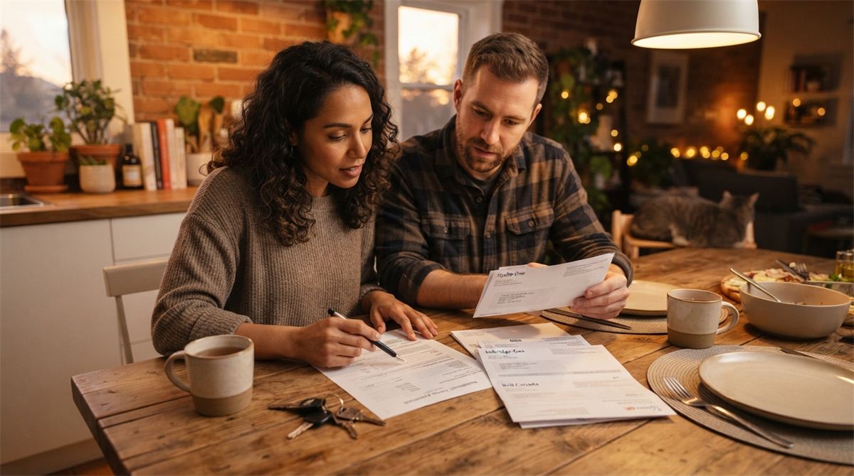 Couple reviewing a shared lease and household bills at their kitchen table (illustration)