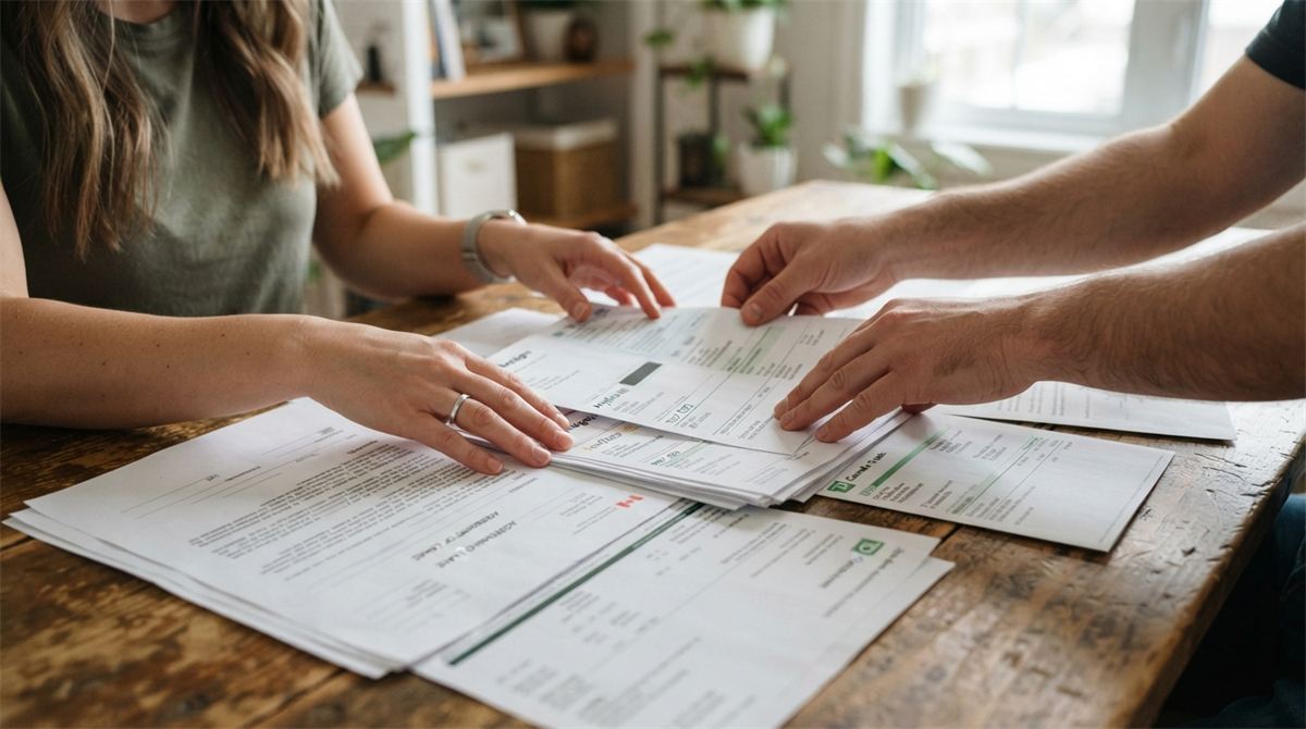Hands arranging dated utility bills, a joint bank statement and a lease on a desk (illustration)