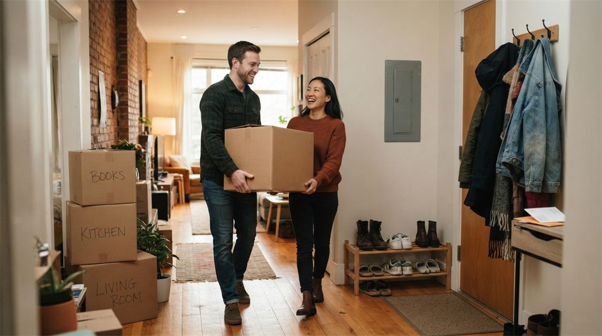Couple carrying moving boxes into their shared apartment (illustration)