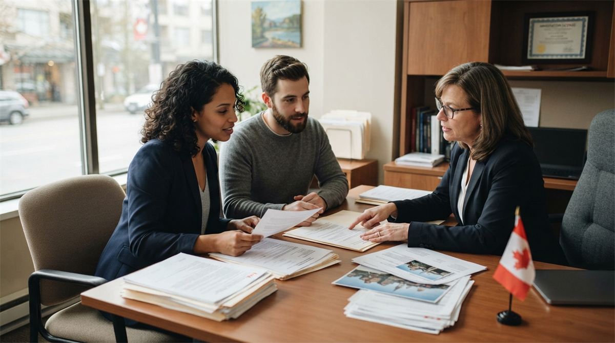 Couple organizing relationship documents with an adviser in a quiet room (illustration)