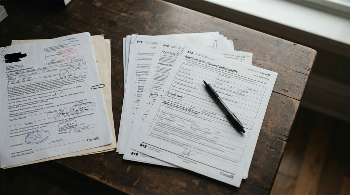 Court disposition papers beside immigration forms and a pen (illustration)