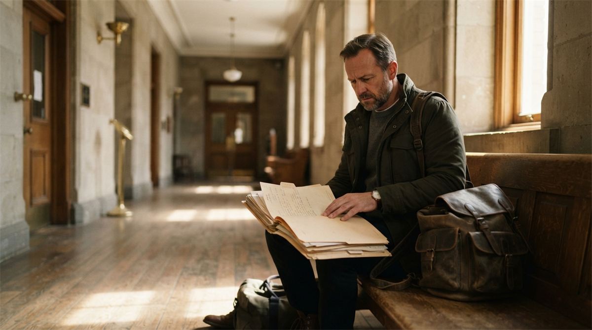 A traveller sits in a courthouse corridor holding an old case file (illustration)