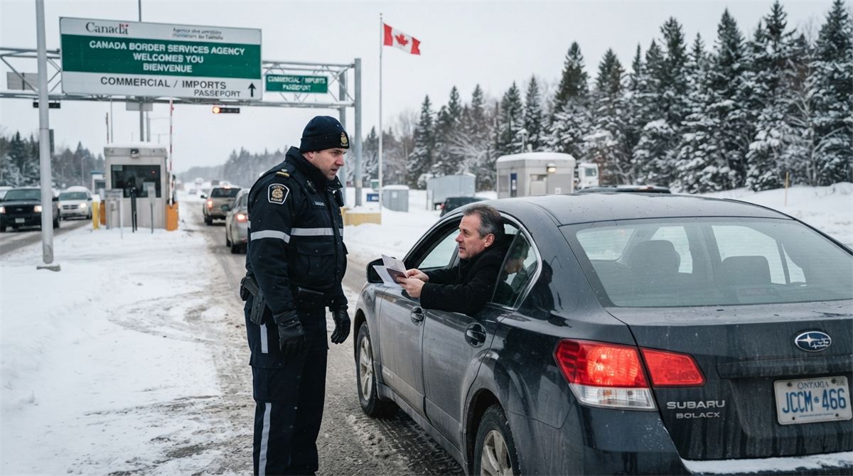 An officer speaks with a driver at a snowy land border crossing (illustration)