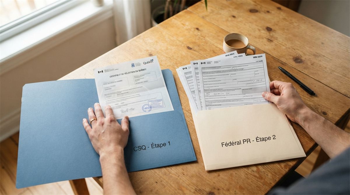 Des mains séparent un certificat de sélection du Québec et des formulaires fédéraux dans deux chemises (illustration)