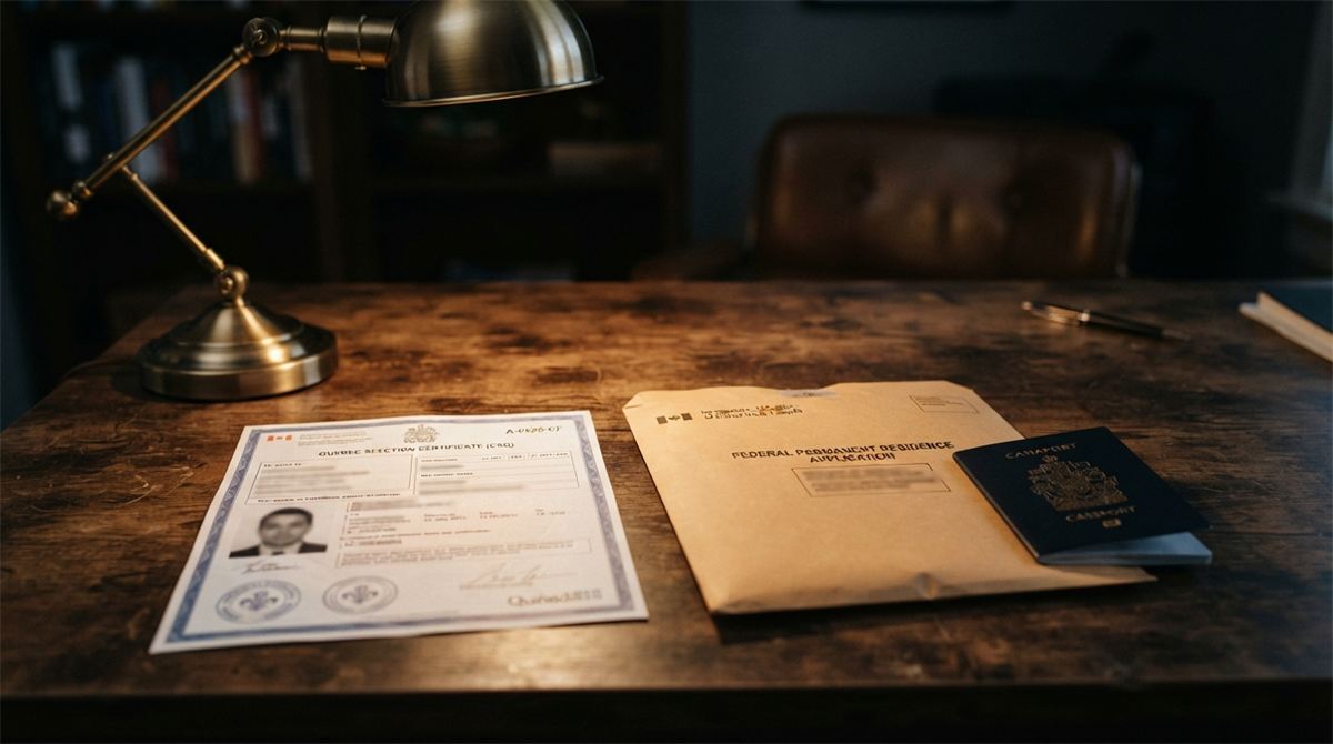 Un certificat de sélection du Québec à côté d’une enveloppe fédérale et d’un passeport (illustration)