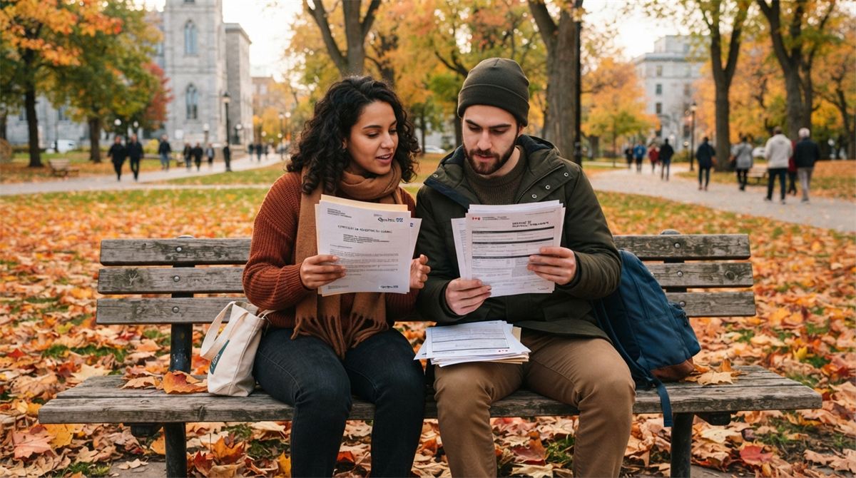 Un couple examine deux dossiers, sélection du Québec et résidence fédérale, sur un banc de parc (illustration)