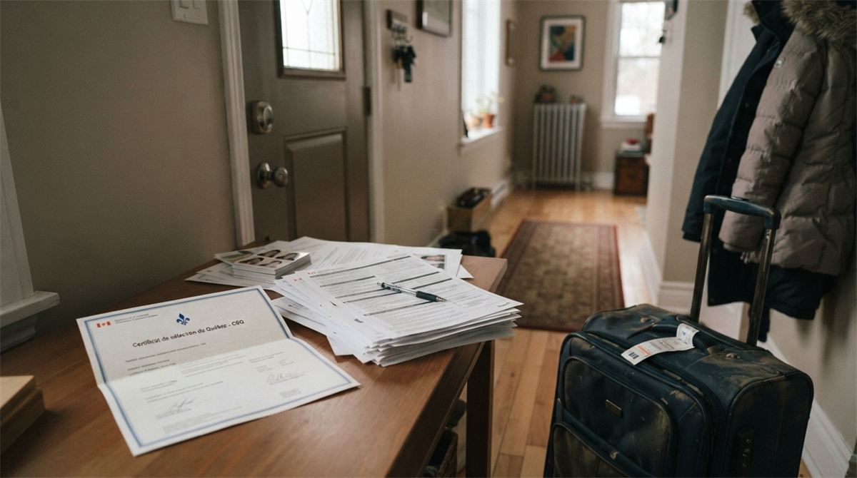 Une valise prête dans une entrée d’appartement, à côté de documents d’immigration (illustration)