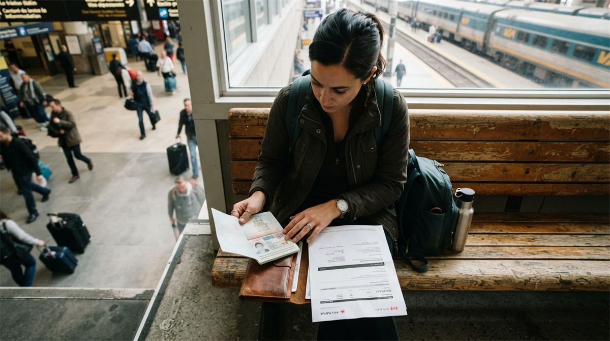 Une personne vérifie ses documents de voyage sur un banc de gare (illustration)