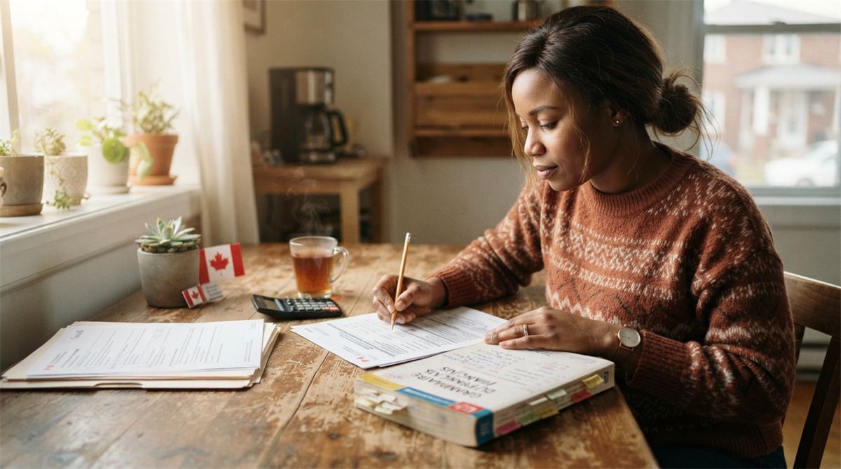 Une personne note ses résultats de français sur des formulaires d’immigration (illustration)