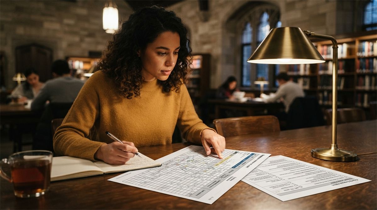 Une personne étudie une grille de pointage et une liste de critères francophones (illustration)