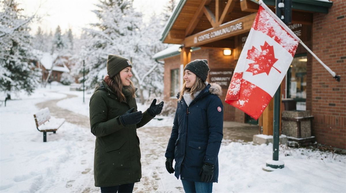 Deux personnes nouvellement arrivées pratiquent le français devant un centre communautaire en hiver (illustration)