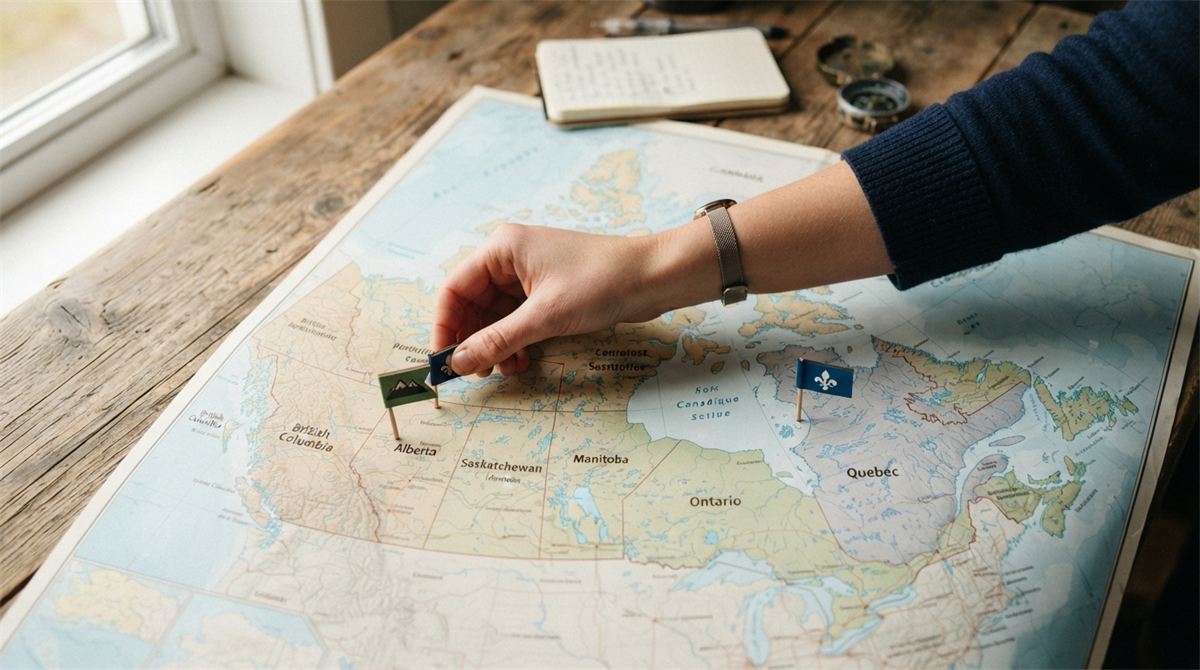 Une main place des repères sur une carte du Canada, vers le Québec et vers l’Ouest (illustration)