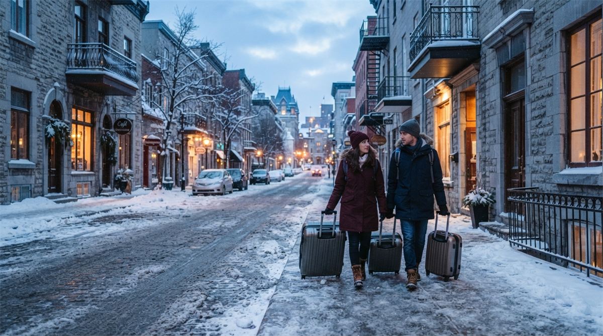 Un couple tire ses valises dans une rue enneigée de Montréal (illustration)