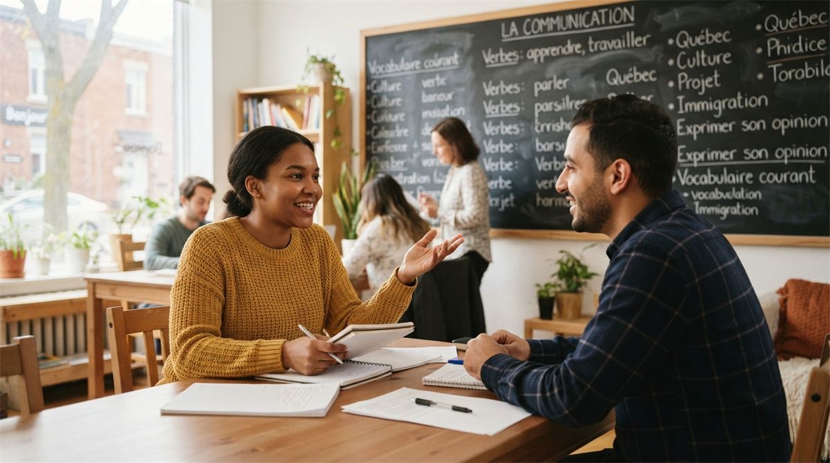 Une adulte pratique le français avec un partenaire dans une salle de cours (illustration)