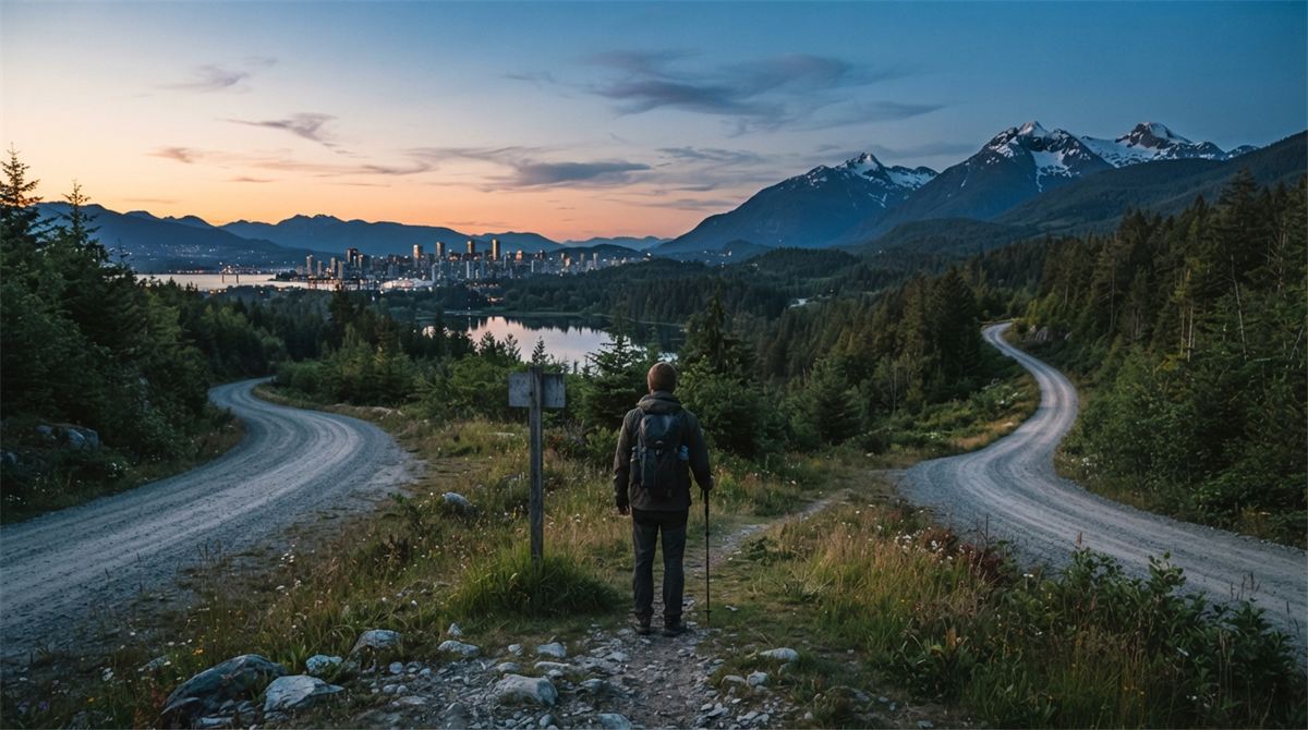 Un voyageur observe deux routes qui se séparent dans un paysage canadien (illustration)