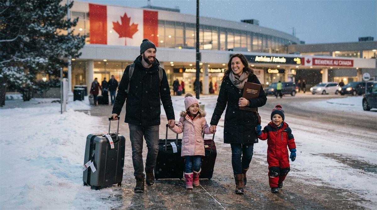 A newly arrived family walks with suitcases through a snowy airport (illustration)