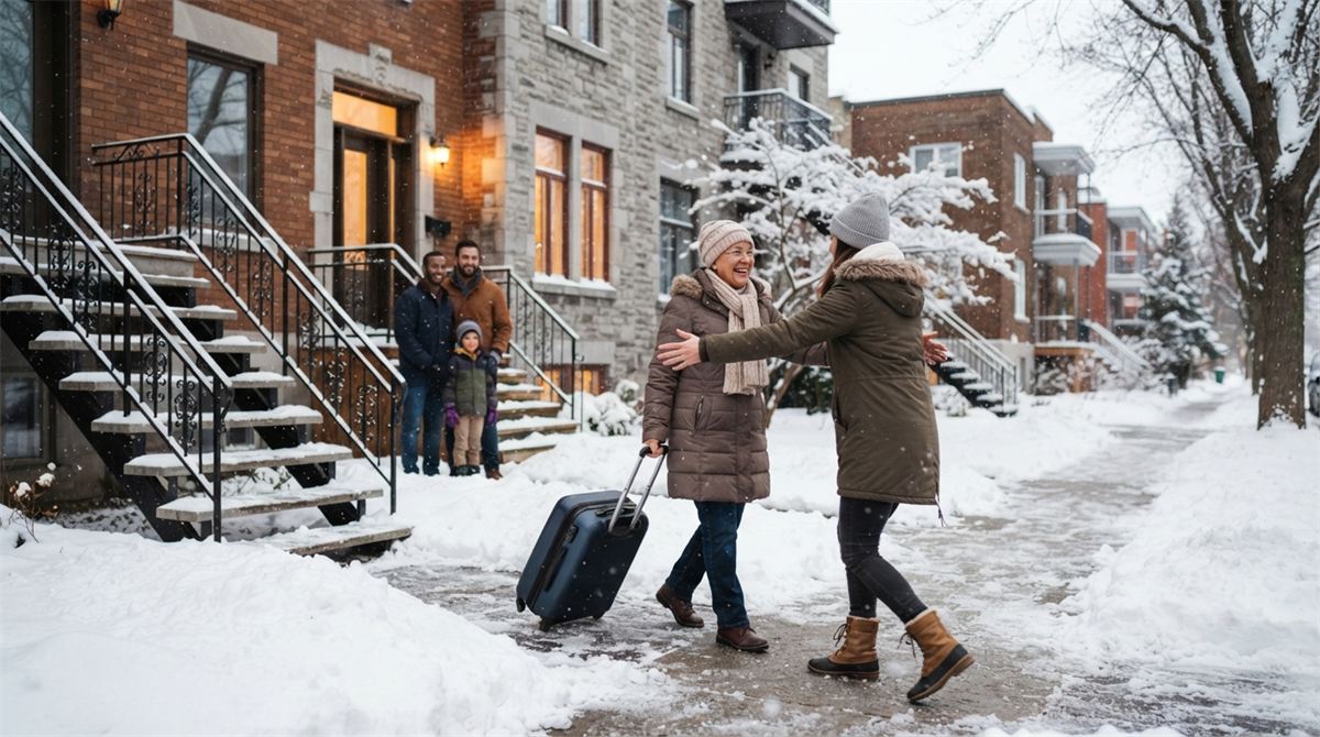 A visitor greeted by family outside a snowy Montreal walk-up (illustration)