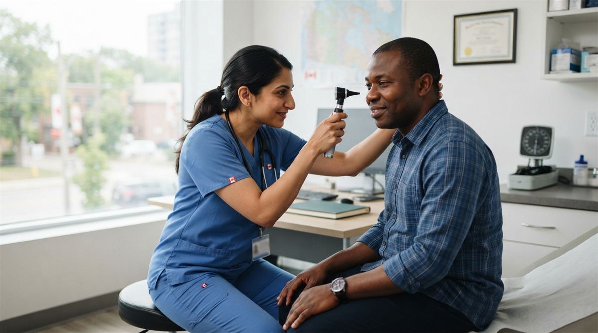 Une médecin examine l’oreille d’un patient en clinique (illustration)
